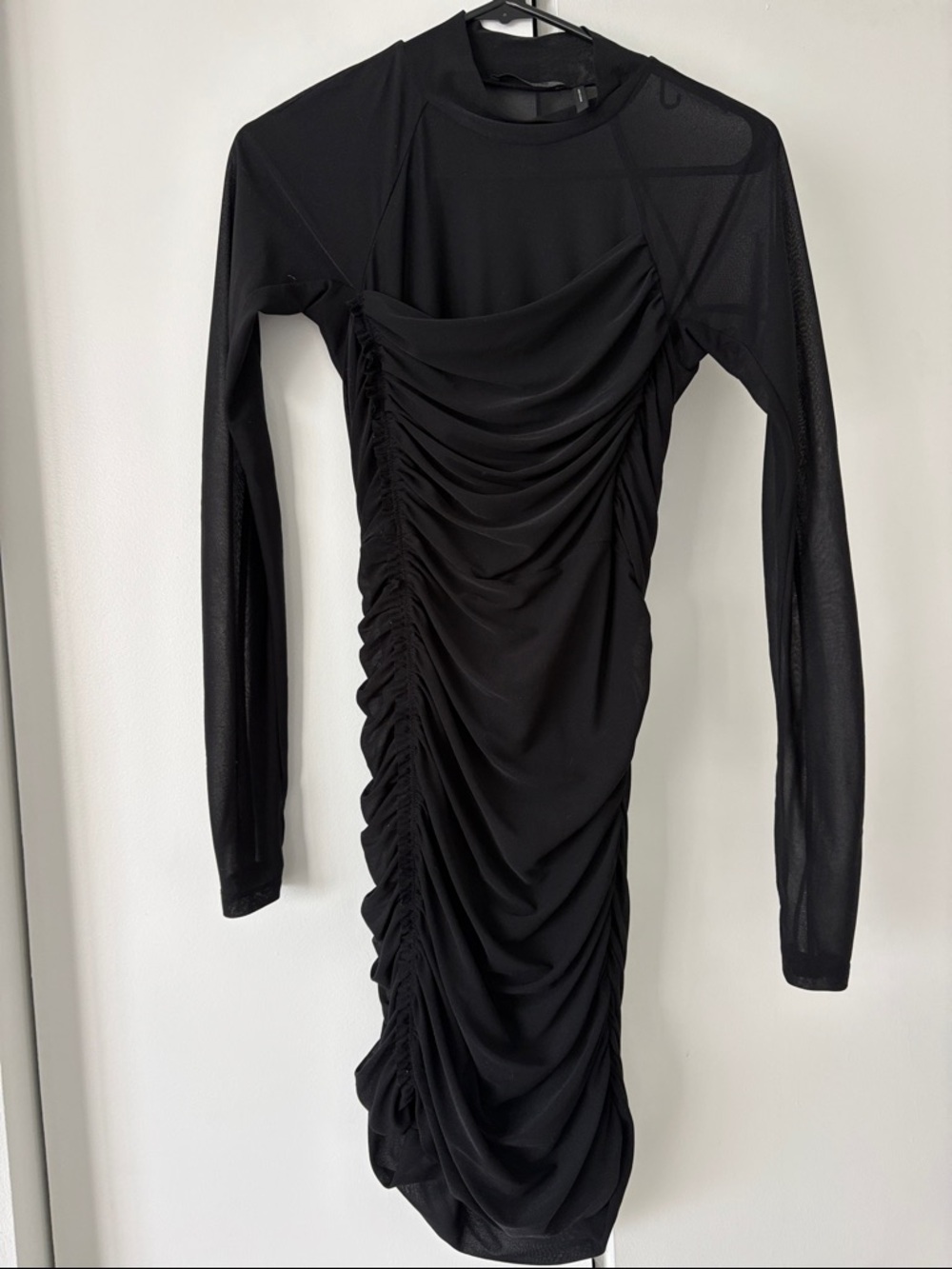Helmut Lang Black Ruched Long-Sleeve Midi Dress